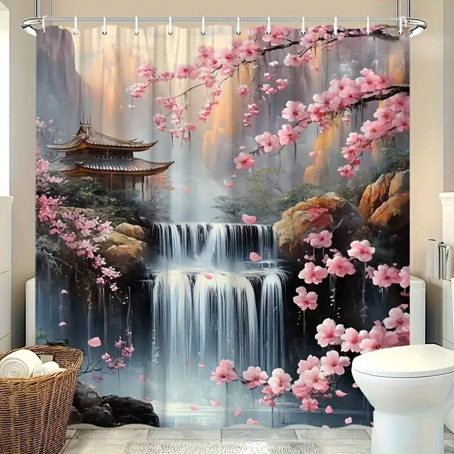 1pc Mountain Waterfall Cherry Blossom Floral Print Shower Curtain With 12 Hooks - Machine Washable Polyester Fabric, Landscape Design For Bathroom, Toilet & Home Decor, Smooth Texture Fabric Bathroom Decor - Colorful - View 1
