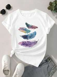 Camiseta con estampado de plumas de acuarela ,Camiseta informal de algodón de verano para mujer, manga corta, cuello redondo, 220 g/m2 (1 pieza) - Blanco - Ver 2