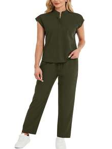 Collared Sleeveless Loose Top And Practical Multi-Pocket Pants Uniform Set Spring - Army Green - View 5