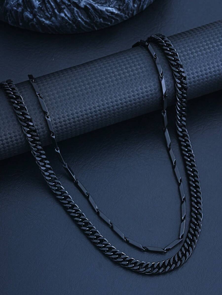 2pcs Men's Black Stainless Steel Cuban Link Chain Necklace, Minimalist Punk Gothic Style, 55cm Length, Suitable For New Year Gift, Daily Wear, Gift For Boyfriend