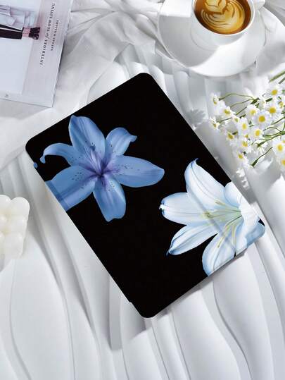 蓝白百合花纹平板电脑保护套，兼容 iPad 9.7/10.2/10.5/10.9/12.9/Pro 11（第十代）、Galaxy Tab S6 Lite 10.4、Kindle Paperwhite（第十二代，2024 年）、Kindle（第十一代，2022 年），柔软防震，带智能支架/自动唤醒/睡眠功能