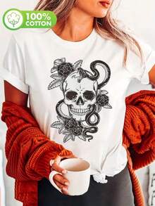 100% single-sided autumn and winter pure cotton T-shirt, with the strong arrival of the Day of the Dead, easy to breathe, absorb moisture and sweat, printed with marginal floral skull and snake design, women's 180g pure cotton T-shirt, Mexican party clothing, cultural celebration clothing, festival skull design, comfortable fabric, festival clothing, soft material, casual wear - Blanco - Ver 1