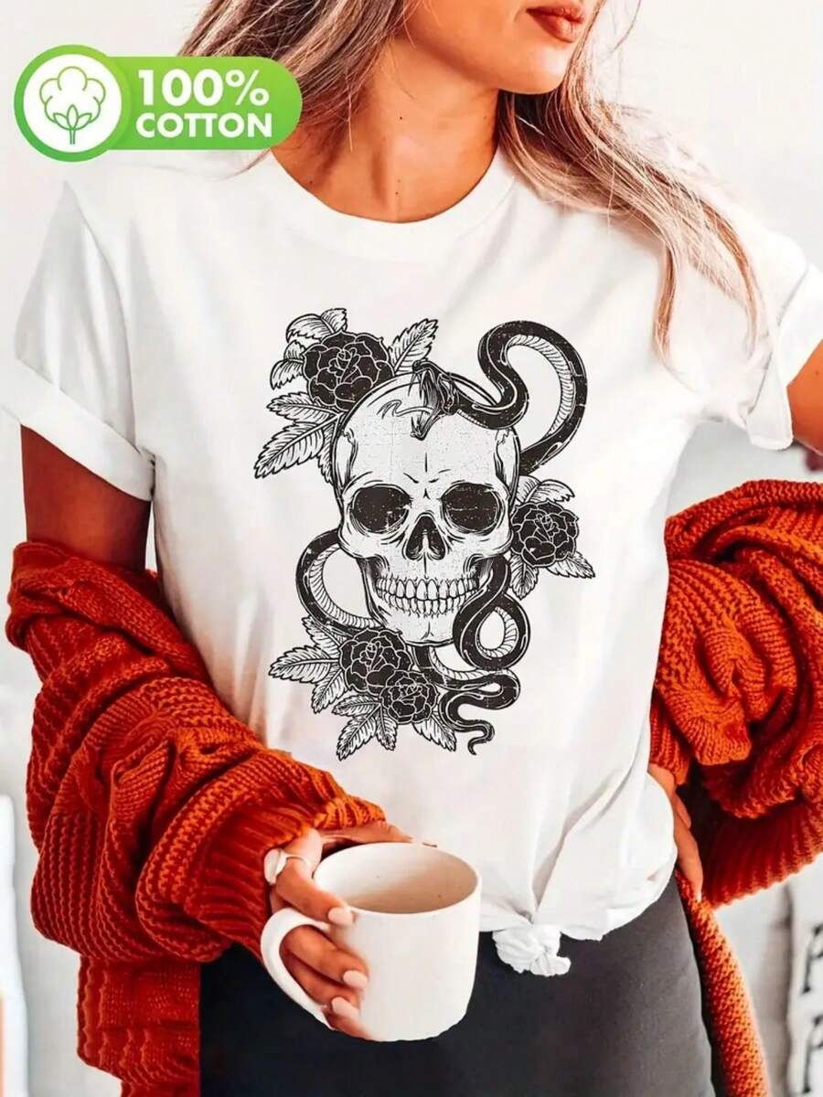100% single-sided autumn and winter pure cotton T-shirt, with the strong arrival of the Day of the Dead, easy to breathe, absorb moisture and sweat, printed with marginal floral skull and snake design, women's 180g pure cotton T-shirt, Mexican party clothing, cultural celebration clothing, festival skull design, comfortable fabric, festival clothing, soft material, casual wear - Blanco - Ver 1