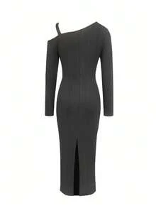 Solid Color Elegant Casual Metal Chain Ribbed Textured Asymmetric Collar Long Sleeve Dress, Suitable For Formal Occasions