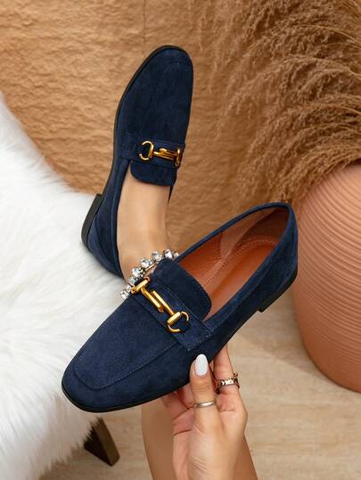 Fall/Winter Women's Elegant Navy Blue Suede Deer Decor Metal Buckle Flat Square Toe Loafers, Solid Color Preppy School Style, Indoor Home Wear