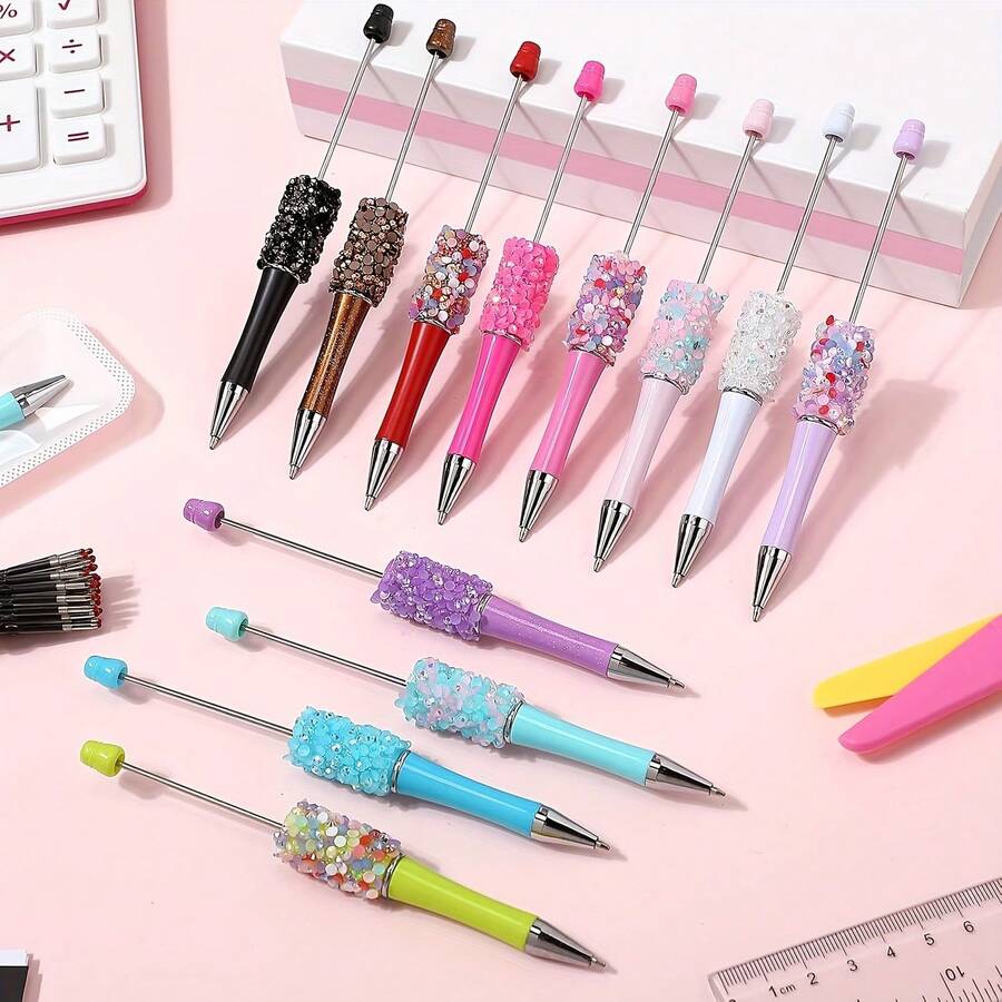 70 Pcs Petal Glitter Beadable Ballpoint Pens Set - Retractable Diamond Bead Pens, Includes 50 Refills & 10 Pen Bags, Plastic Bling Shaft Beaded Pens With Black Ink For DIY Party Office Use - Tối tăm - Xem 1