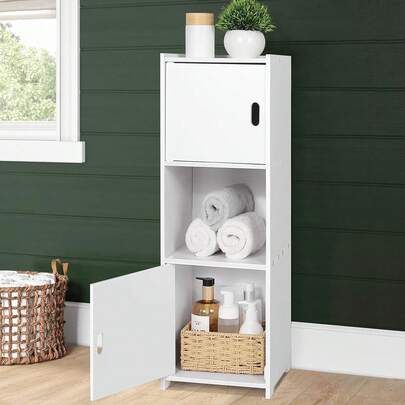 Badezimmer-Aufbewahrungsschrank, freistehend und wetterfest, mit 1 offenen Fach und 2 Regalen mit Türen, kleiner Schrank für Badezimmer, Wohnzimmer, Schlafzimmer, weiß