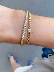 Nooxian 2pcs/Set Bracelet Stacks, Shiny Diamond Element Fashion Gold Color Micro-Inlaid Cubic Zirconia Chain Bracelets For Women, Party Style - Golden - View 6