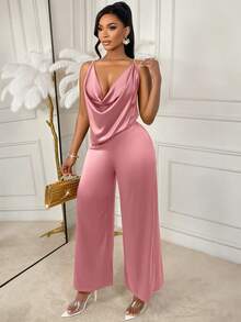 AIJ Amarilo Women's Sexy & Elegant Solid Color Spaghetti Strap Loose Jumpsuit Pink Summer - Pink - View 4