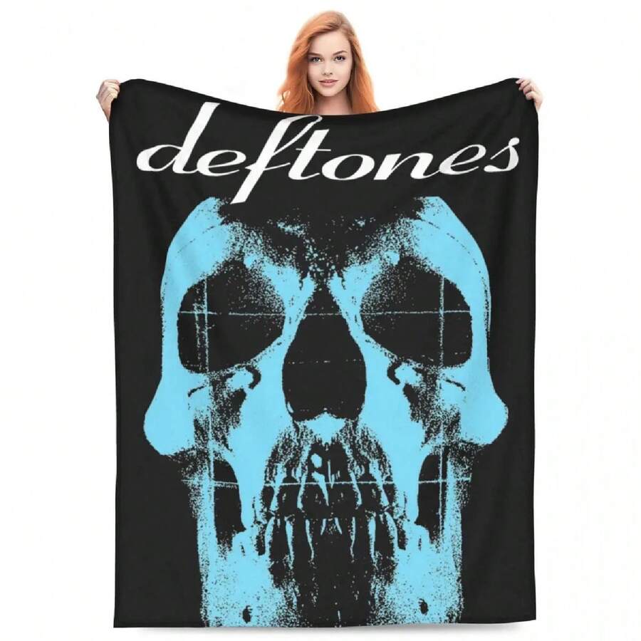 Retro  Metal Band Tour Throw Blanket Fleece Bedding Skull Horror Throw Blankets Comfortable Soft For Travel Bedspreads - màu đen - Xem 1