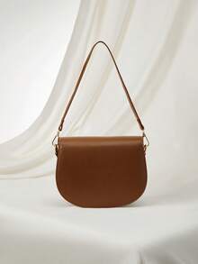 Letter Graphic Saddle Bag, Fashion Solid Color Crossbody Bag, Small Flap Purse For Women Winter Gifts - Coffee Brown - View 4