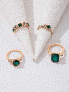 4 件套简约时尚水钻镶嵌几何创意小众女士珠宝戒指套装，适合日常佩戴和任何场合的完美礼物 - 綠色 - 查看 6