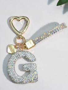 1pc White Ceramic Rhinestone Letter Keychain, Cute Personalized Bag/Car Key Chain, Simple Heart Decor For Mom, Friends, Valentine's Day Halloween Accessories Teachers Day Christmas Gift Ideas Bag Accessories Lanyards With Id Holder Car Accessories Bag Charms