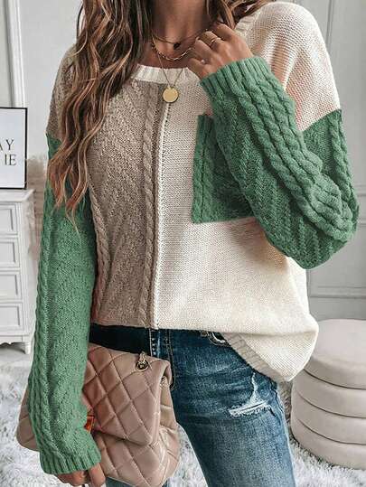 Acelitt Autumn And Winter Women's Color Block Splicing Casual Knitting Three-Dimensional Texture Splicing Pocket Ribbed Round Neck Sweater