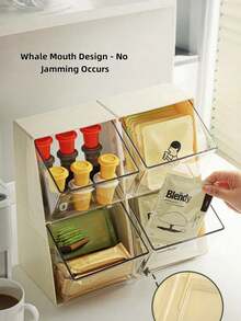 صندوق تخزين أكياس الشاي على طاولة مكتب الزاوية القهوة، رف تخزين كبسولات القهوة على الطاولة، صندوق تنظيم أدوات المكتب متعدد الطبقات مع درج سهل الوصول، له سعة تخزين كبيرة