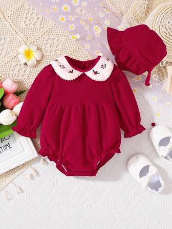 Autumn/Winter Baby Cute Red Bodysuit With Christmas Embroidered Collar And Ruffled Hat, Adorable Holiday Outfit