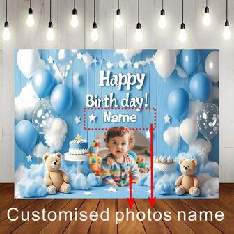 Fondo personalizable de fotografía con nombre, oso azul feliz de cumpleaños, tablero de madera a rayas azul, globo, pastel de cumpleaños, decoración de nubes, diseño de cumpleaños personalizado, baby shower y fiesta, banner de fotografía, prop de vinilo