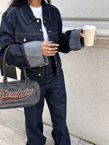 Seelio 春秋新款女士休闲卷袖牛仔夹克，百搭日常穿搭，返校时尚 - 藍色 - 查看 4