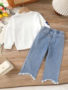 2pcs/Set Casual Elegant & Cute Girl's Autumn Outfit, Soft & Comfortable, Flocked Floral Embroidered Sweatshirt And Blue Denim Pants - Multicolor - View 2