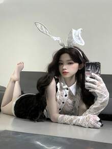 Lace Cute Girl-Style Seamless Bodysuit Set, Bodycon Skirt, Sexy Cosplay Bunny Girl/Maid Uniform, Suitable For Young Women, Christmas, Parties, Cosplay, Photo Shoots