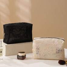 1个优雅圣诞蕾丝化妆包，女士大容量防水旅行化妆品收纳包，节日网状设计礼品袋（米色/黑色/粉色/紫色） - 彩色 - 查看 10