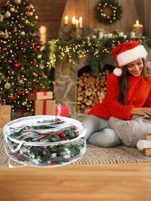 Worek do przechowywania wieńców bożonarodzeniowych, 61 cm, przezroczysty pojemnik na wieńce bożonarodzeniowe, stojak na girlandy, przezroczyste tworzywo PVC, z uchwytami, wielofunkcyjny pojemnik na świąteczne dekoracje, artykuły dekoracyjne do kuchni, wysokiej jakości tworzywo PVC z podwójnym zamkiem błyskawicznym i solidnymi uchwytami, okrągły pojemnik na wieńce na świąteczne dekoracje, wielofunkcyjny do użytku przez cały rok, świąteczny design, zapięcie na zamek błyskawiczny, worek do przechowywania ozdób