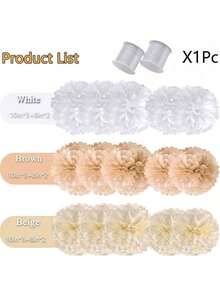 16pcs Wedding Party Decor White, Cream, Brown 10in Paper Flowers Balls*6, String Paper Flower Ball Set, Birthday Party Background Decor Pompoms, Suitable For Festivals, Anniversaries, Valentine's Day Decorations