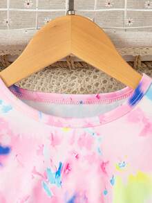 Young Girls Tie-Dye Flare Sleeve Round Neck Top + Heart Print Slim Fit Pants Set