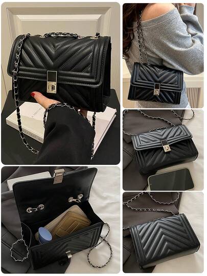 时尚纯色绗缝方形链条单肩包，百搭晚宴手提包，轻便新款手提钱包，适合日常通勤斜挎，是上班族和学生的理想之选，休闲手机零钱包口红斜挎包