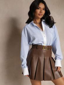 Flared PU Leather Skirt Decorated With A Belt - Brown - View 1