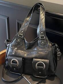 大容量纯色女士单肩包，时尚女士手提包，空间宽敞，可个性化定制单肩斜挎包，适合日常使用、上学、外出、购物、送礼、旅行、通勤等场合。 - 黑色 - 查看 10