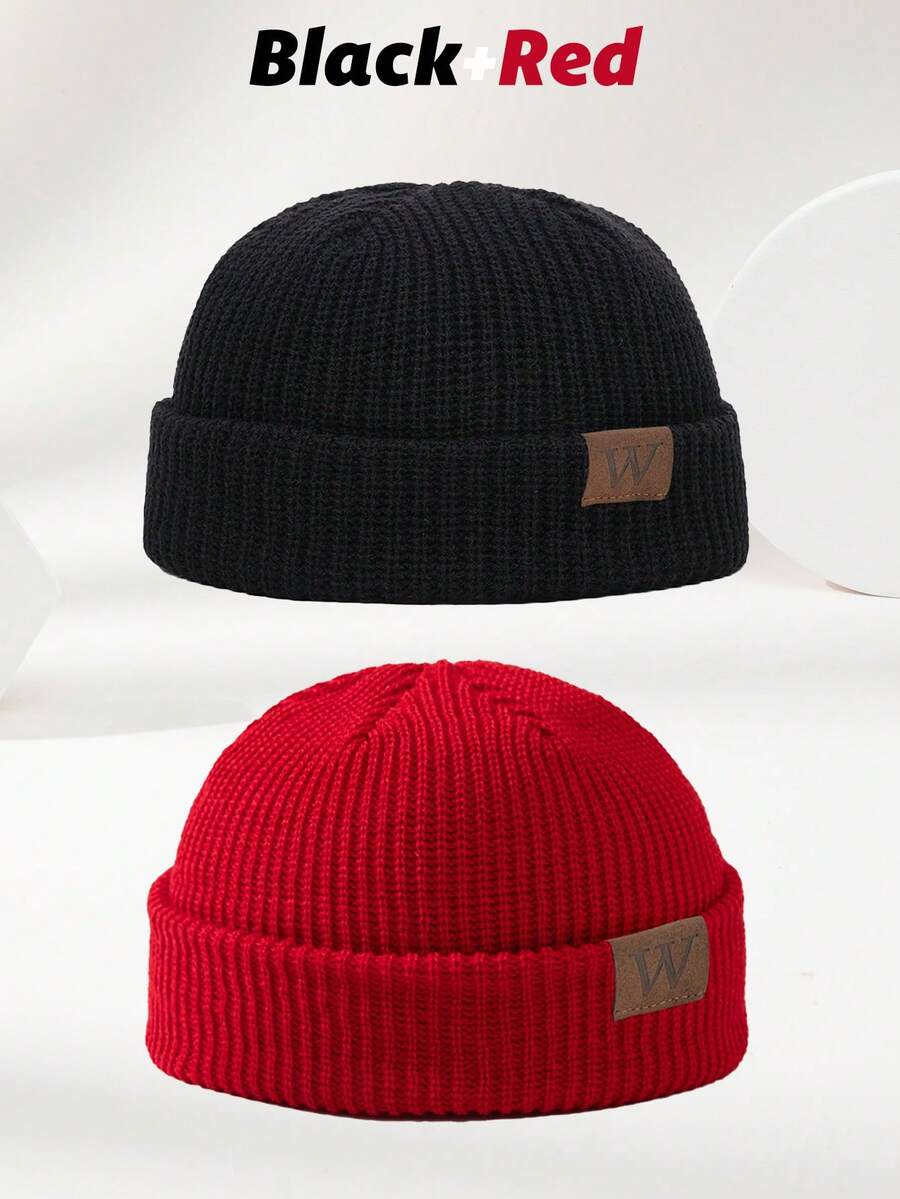 2 件男士皮革贴片南瓜针织帽，柔软、时尚、温暖，适合秋冬季休闲穿着 - 黑色+紅色 - 查看 1