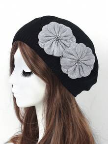 1pc Women Double Flower Casual Knitted Beret Hat, Fashionable Versatile Solid Color Cap - Multicolor - View 28