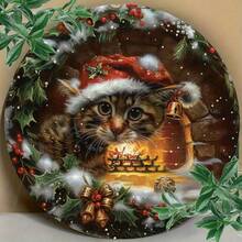 Vintage Christmas Cat Metal Sign - Wall Art Decor For Indoor & Outdoor Use, Ideal For Home, Restaurant, Cafe, Garage, Humorous Wall Art, 7.87 X 7.87 Inches - Foil Engraving Festive Feline Design Home Decor Christmas Decorations Room Decor