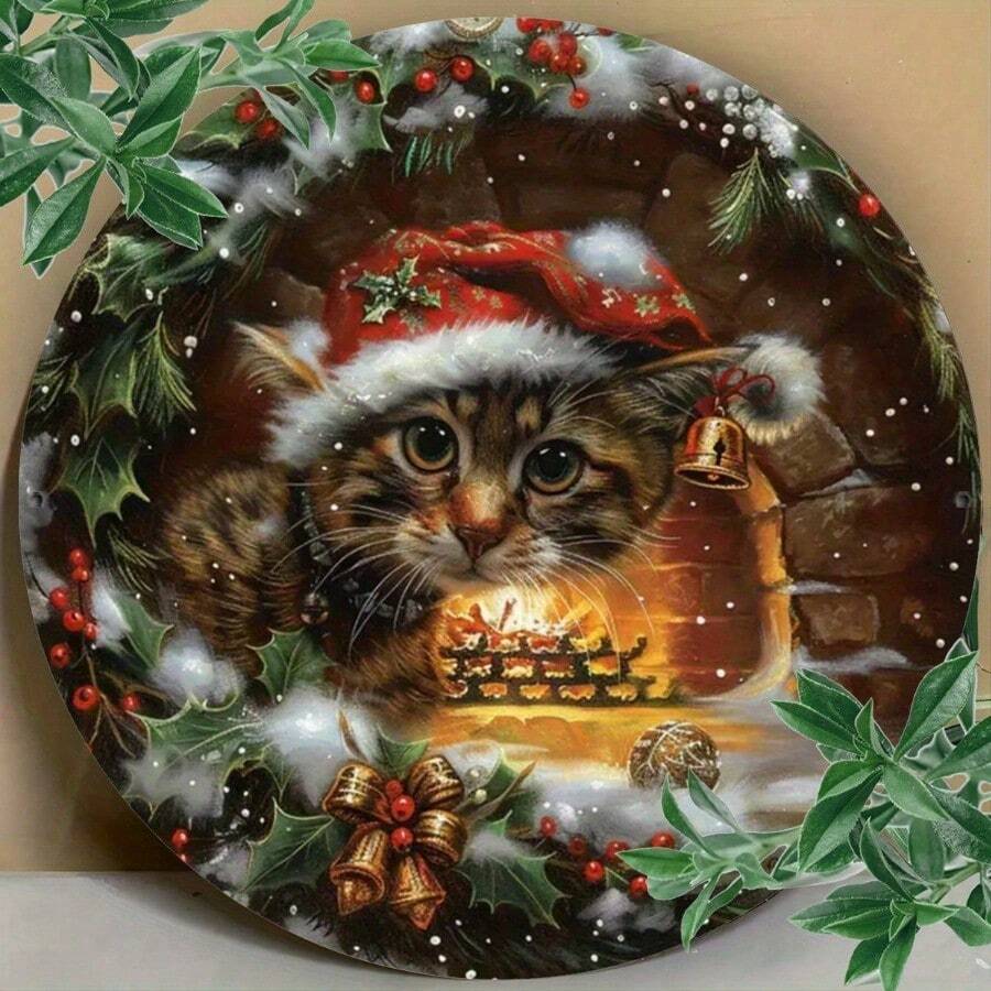 Vintage Christmas Cat Metal Sign - Wall Art Decor For Indoor & Outdoor Use, Ideal For Home, Restaurant, Cafe, Garage, Humorous Wall Art, 7.87 X 7.87 Inches - Foil Engraving Festive Feline Design Home Decor Christmas Decorations Room Decor