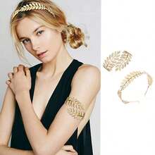 5 Pcs Greek Goddess Costume Accessories Set, 1 Piece Golden Leaf Crown Headband, 2 Pieces Coil Upper Armband Bracelet, 2 Pieces Dangle Earrings, Bridal Wedding Headpiece Toga Costume