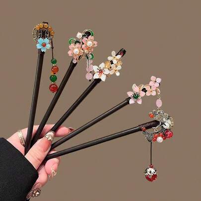 1pc Chinese Style Wooden Floral Hair Clip, Chinese Traditional Cheongsam Hair Accessory, Chinese New Year Decor