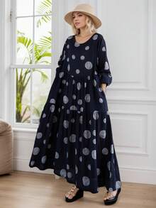 Bluzki, Długa sukienka jesienna, Długa sukienka w groszki, Codzienna sukienka w stylu boho na wakacje, Sukienka damska w rozmiarze plate, Jesienna sukienka plisowana z długim rękawem i okrągłym dekoltem (2025), Jedna sukienka, Losowy wzór