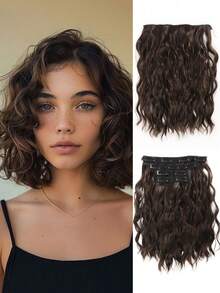 12 Inch Clip On Wig For Summer Autumn Lightweight Water Ripple Curly Wig 4-Piece Set Synthetic Heat-Resistant Fiber Wig Suitable For Women's Daily Holiday Wear