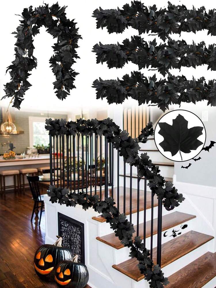2pcs-Black Maple Leaf Garland, Halloween Artificial Hanging Fall Leave Vines, Fall FloralGarlands Thanksgiving Decor For HomeWedding Party (13.1FT)