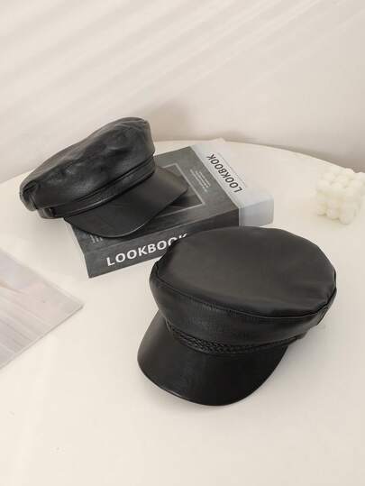 1pc Unisex Black PU Leather Braided Decor Newsboy Cap, Minimalist Style, Suitable For Daily Casual Wear