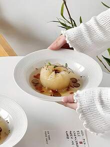 1pc High-End Textured Ceramic Dinner Plate, Suitable For Restaurant/Home Use, Salad, Pasta, Practical Tableware