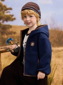 ASK JUNIOR 男童冬季连帽防风保暖羊羔绒开衫夹克，复古色块 - 藏蓝色 - 查看 3