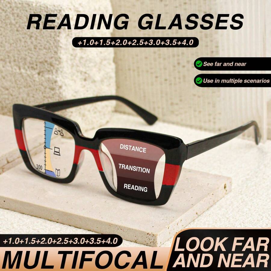 1pc Large Frame Progressive Multifocal Cat Eye Reading Glasses With Comfortable Spring Hinges, Leopard Print Design, Fashion Reading Glasses - Black Middle Red - View 1