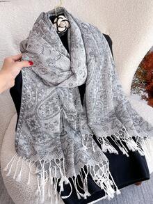 1 pieza Bufanda larga, chal, bufanda retro de mujer lujosa y multifuncional con estampado de cachemira y jacquard, adecuada para uso diario en primavera y verano, accesorio de abaya para vestido - Gris - Ver 3