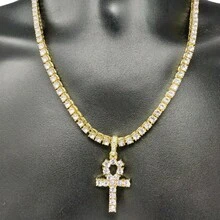 ANKH Cross Pendant ICED Tennis Chain Gold Plated Silver Rose Hip Hop CZ Necklace - 14k黃金 - 查看 2