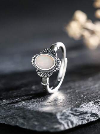 100% 925 纯银天然宝石蛋白石女士戒指经典时尚戒托可调节戒指珠宝礼物