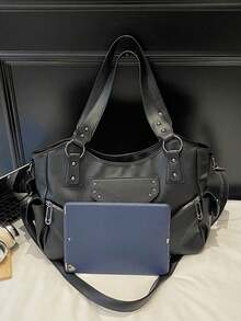 Large Capacity Solid Color Women's Shoulder Bag, Fashion Ladies Handbag With Roomy Space, Personalized Shoulder Crossbody Bag, Suitable For Daily Use, School, Outing, Shopping, Gift, Travel, Commuting - Black - View 12