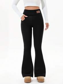 Autumn And Winter High-Waisted Thermal Lined Flared Pants With Side Slits, Stretchy Women's Wide Leg Yoga Casual Trousers - Black - View 10