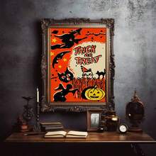 1 pièce Affiche sur canevas de sorcière volante, citrouille fantôme, style décoratif de festival des chats fantômes. Murales d'intérieur, impressions d'affiches, cadeaux muraux, chambre, bureau, salon, café, décoration murale, maison, décoration de dortoir, cadre photo au choix, décoration d'Halloween, décoration d'automne, décoration de chambre.